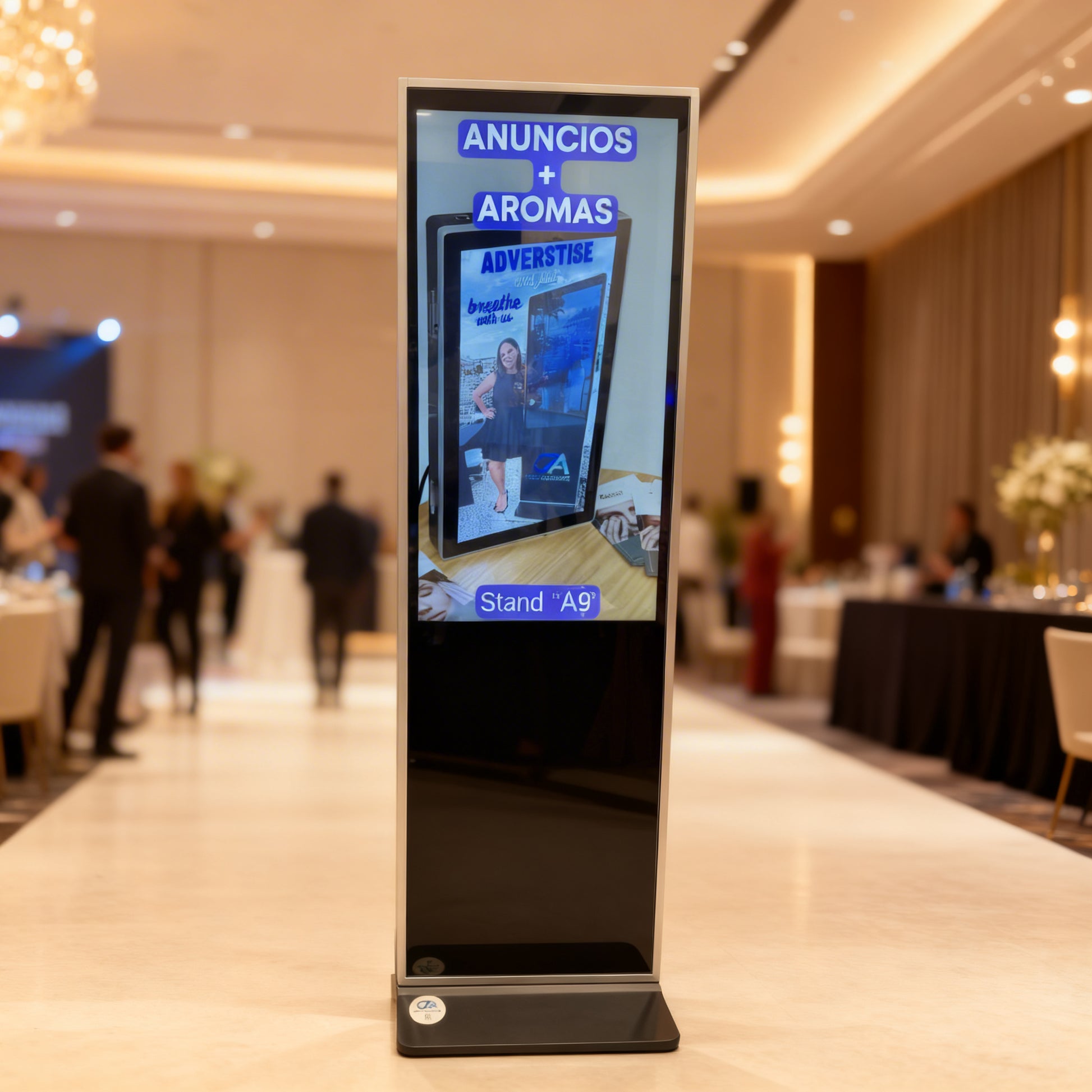 A Tablet Oil Scent Diffuser for Advertising "Touch Screen" displays an "Anuncios + Aromas" ad and Stand A9 promos on its LCD in a bright event space, with people mingling in the background and scents diffused nearby.