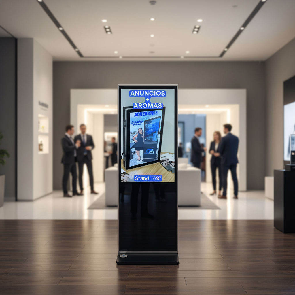 A Tablet Oil Scent Diffuser for Advertising "Touch Screen" with an LCD displays "Anuncios" and "Aromas" in a modern showroom as people converse, highlighting its cold air diffusion oil scent feature.