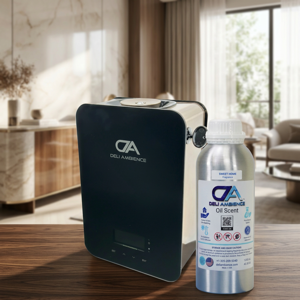 The Vital Oil Diffuser & Sweet Home Fragrance Bundle, featuring a sleek black diffuser and silver essential oil bottle, adds inviting scent and style to a modern living room.