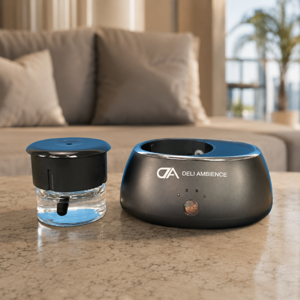 A DA Portable Scent Diffuser, USB-C rechargeable and shown disassembled into two parts on a table, with a blurred living room in the background.