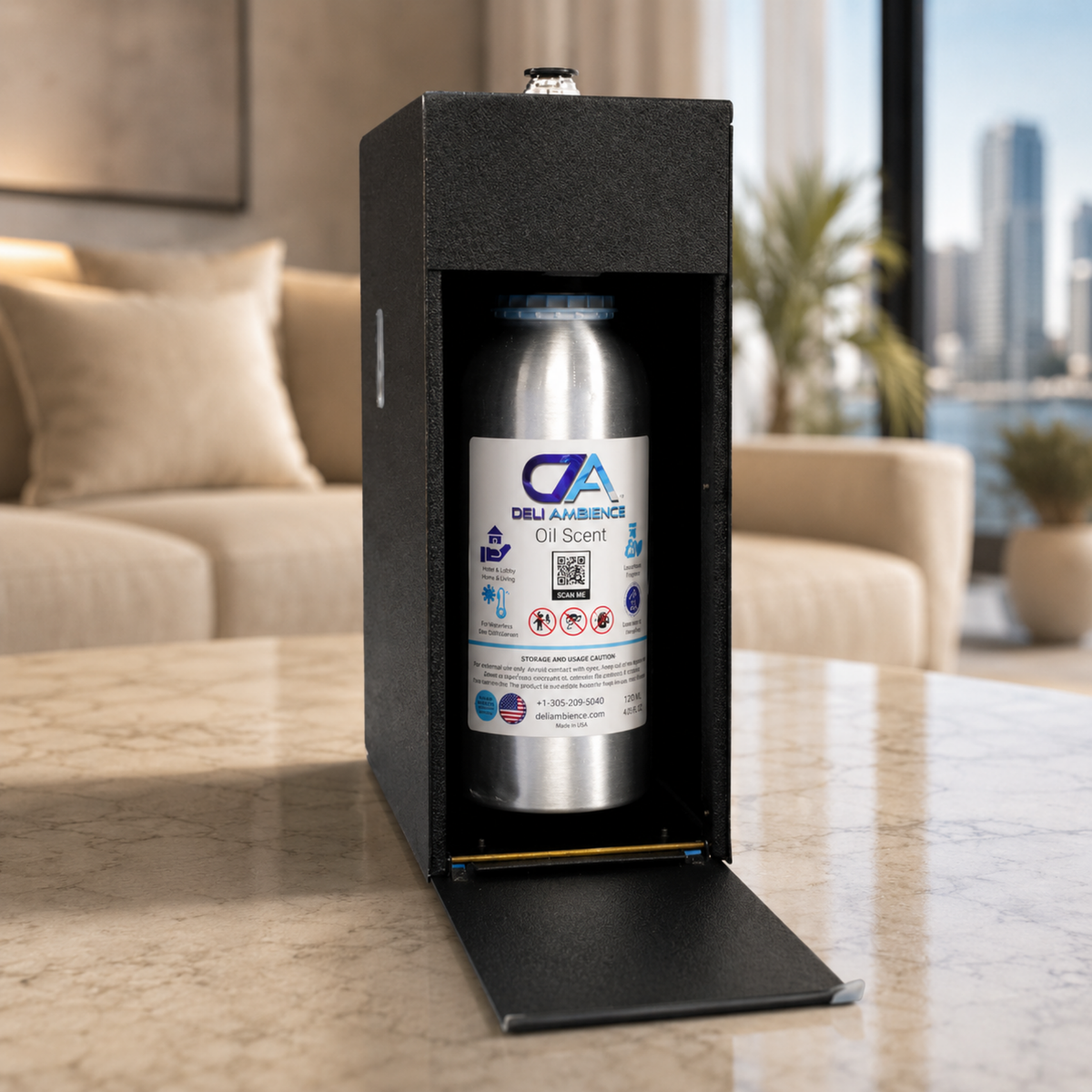 The Orus Oil Diffuser—a metallic oil scent canister designed for air conditioning—sits elegantly in a black box on a marble table in a modern living room, with the city skyline visible through the window.