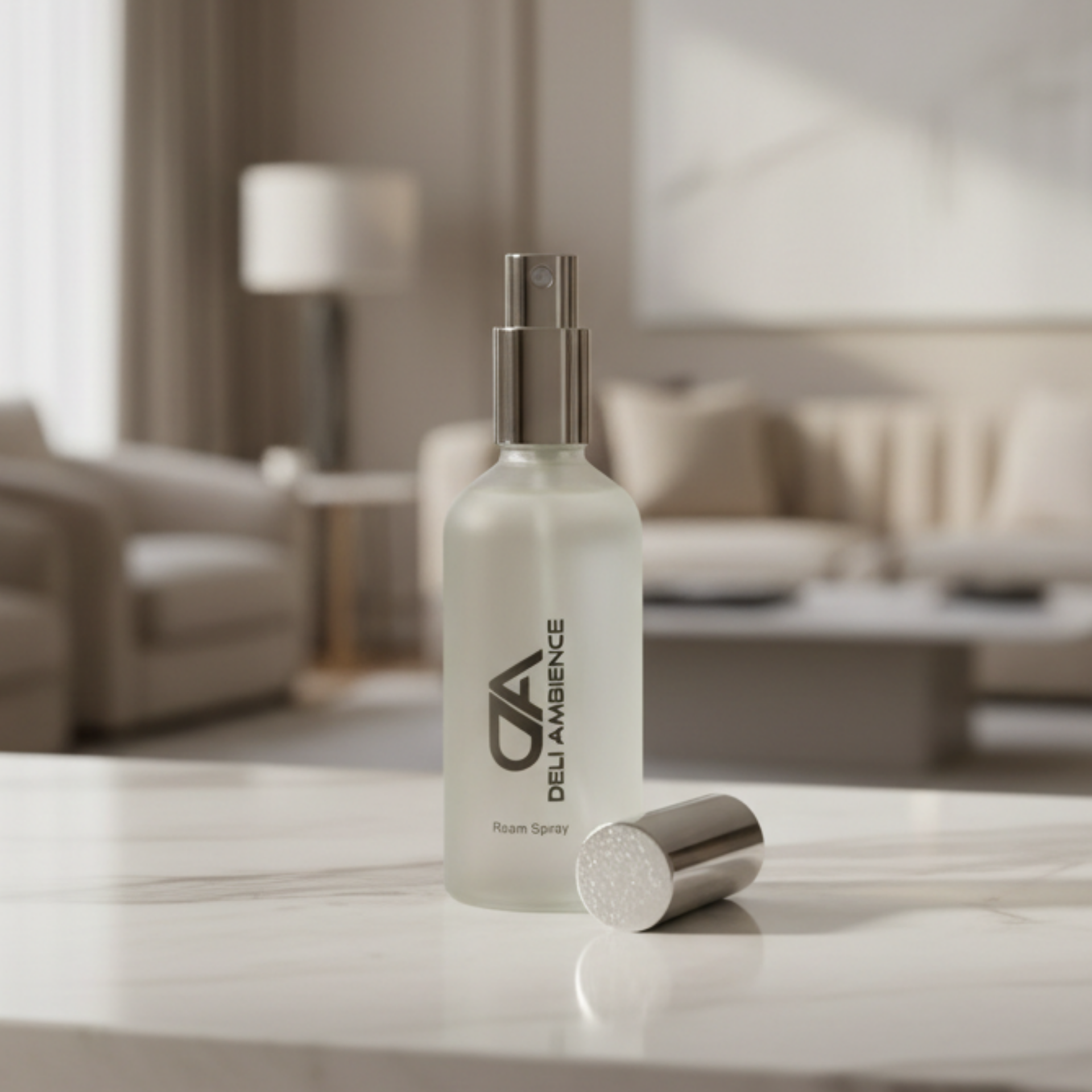 A frosted spray bottle labeled “Room Spray” sits on a marble surface, its cap off, in a modern living room—ready to elevate your home ambience with long-lasting fragrances.