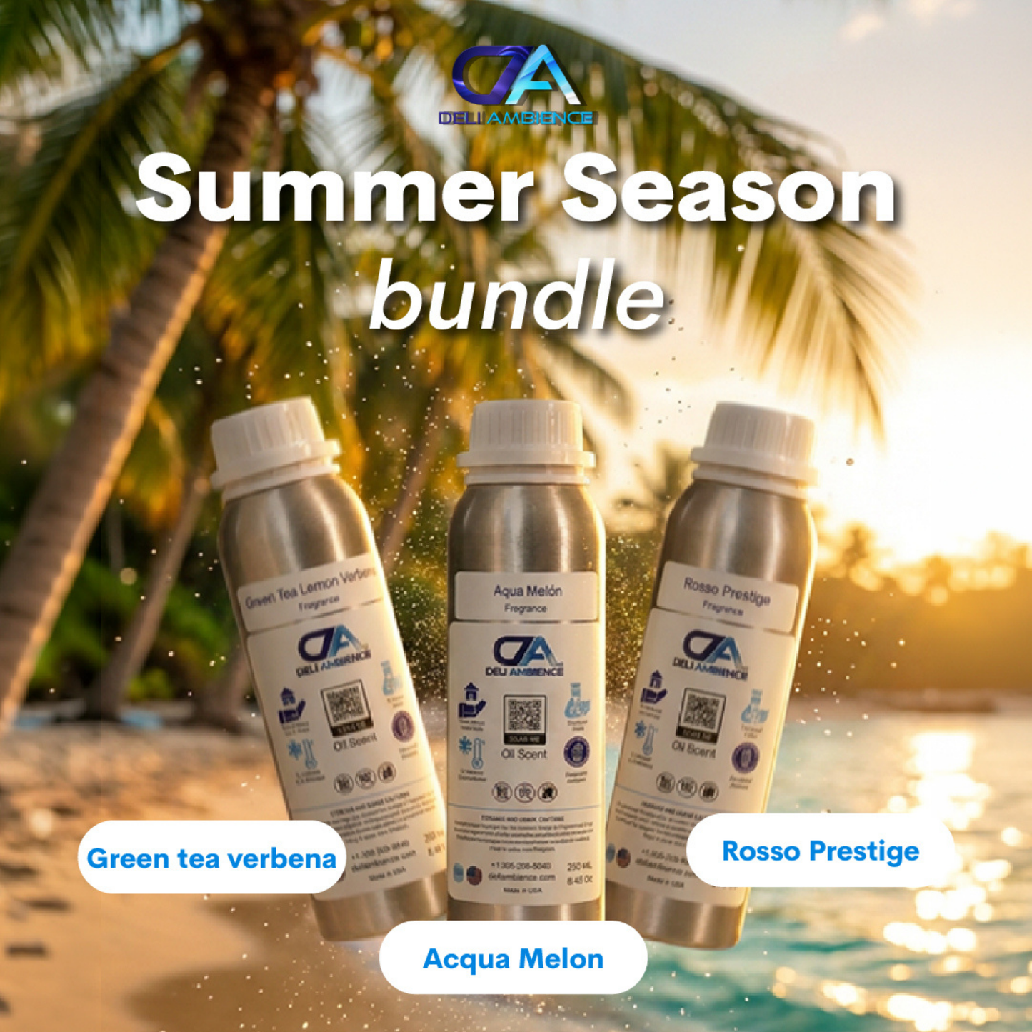 The Scents of Summer Bundle features three metal Delawscents bottles—Green Tea Verbena, Acqua Melon, and Rosso Prestige—set on a sandy beach with palm trees and a sunset, highlighting their refreshing summer fragrances.