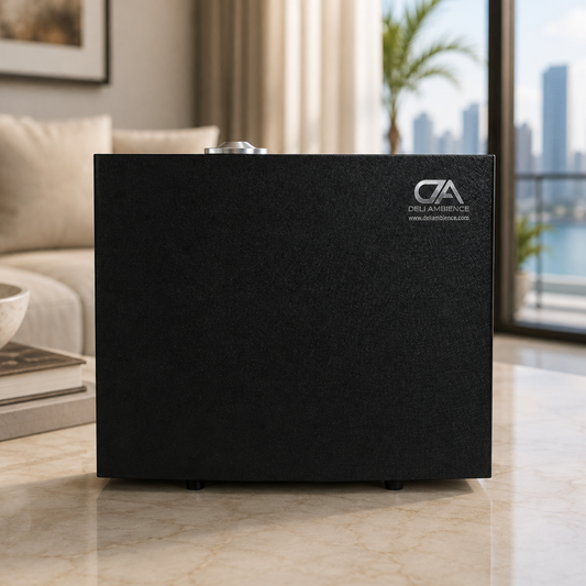 A black Delambience speaker sits on a marble floor in a modern living room with large windows and a cityscape view in the background, seamlessly complemented by the elegant Apolo Scent Diffuser that fills the space with a refreshing aroma.