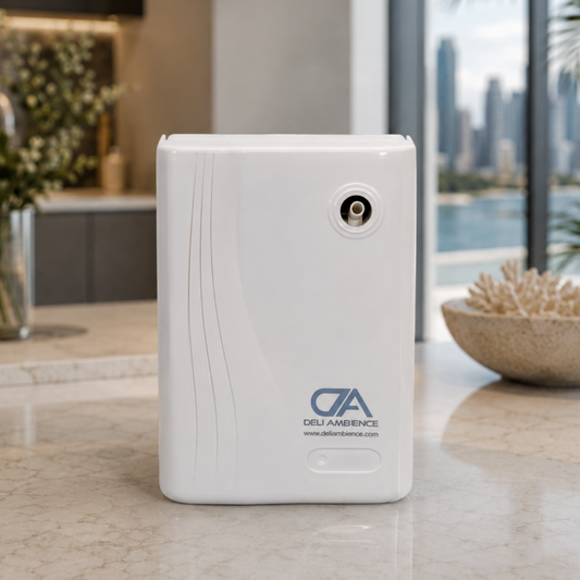 An Atenea Scent Diffuser in white is mounted on the wall above a beige countertop in a modern room overlooking a city skyline through the window; it features a programmable timer and can scent areas up to 900 sq. ft.
