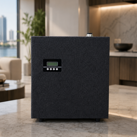 An elegant black Orus Oil Diffuser with a small display and four buttons sits on a marble countertop in a modern kitchen, gently dispersing aroma throughout the space.